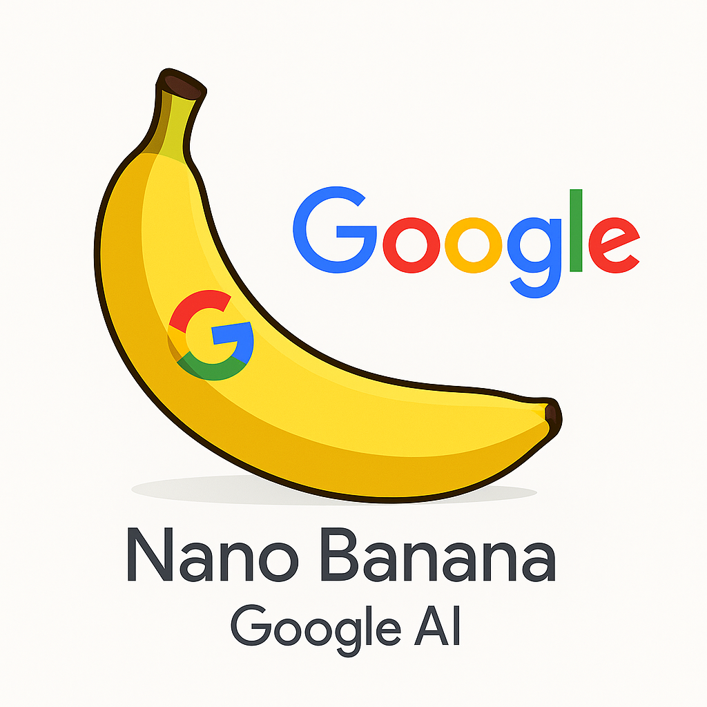 Ilustración minimalista de una banana amarilla con el logotipo de Google integrado, acompañada del texto "Nano Banana – Google AI", sobre fondo blanco.