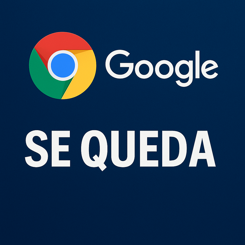 Logo de Google y Google Chrome sobre fondo azul con el texto SE QUEDA en letras grandes y blancas